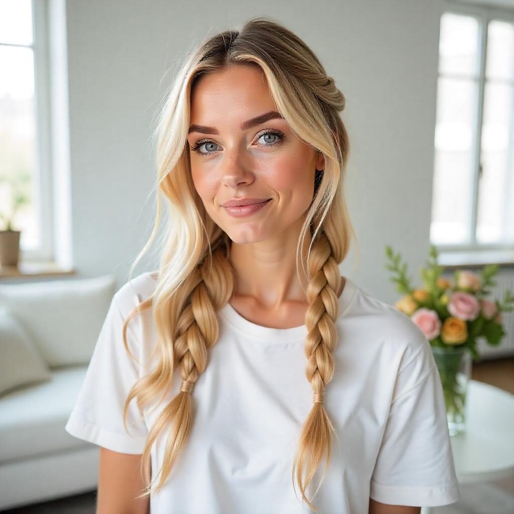 Woman with Type 2A wavy hair braiding her damp hair for texture, with a before-and-after effect in a bright loft.
