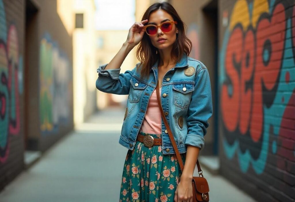 Woman in a thrifted indie outfit with vintage denim jacket, floral midi skirt, retro sunglasses, statement belt, and leather handbag in an urban alley