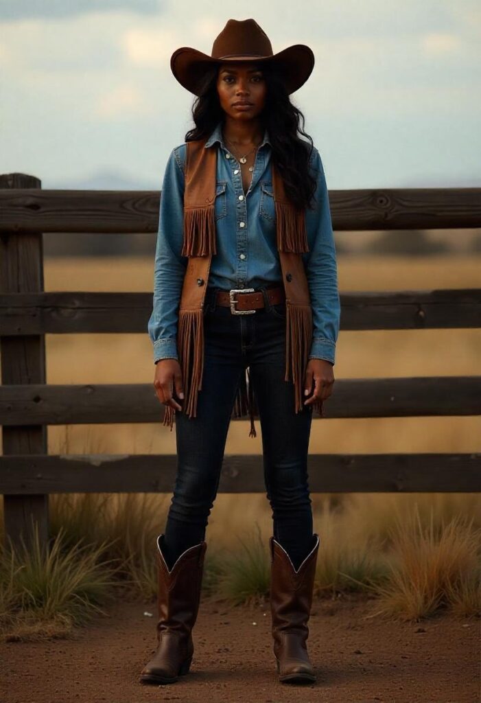 Black woman in full cowboy outfit standing proudly, honoring heritage
