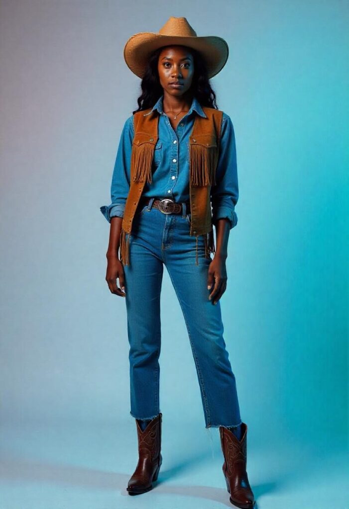 Black woman in full cowboy outfit with hat, shirt, fringe vest, jeans, and boots
