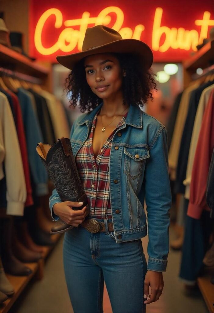 Black woman in full cowboy outfit shopping for boots in a thrift store