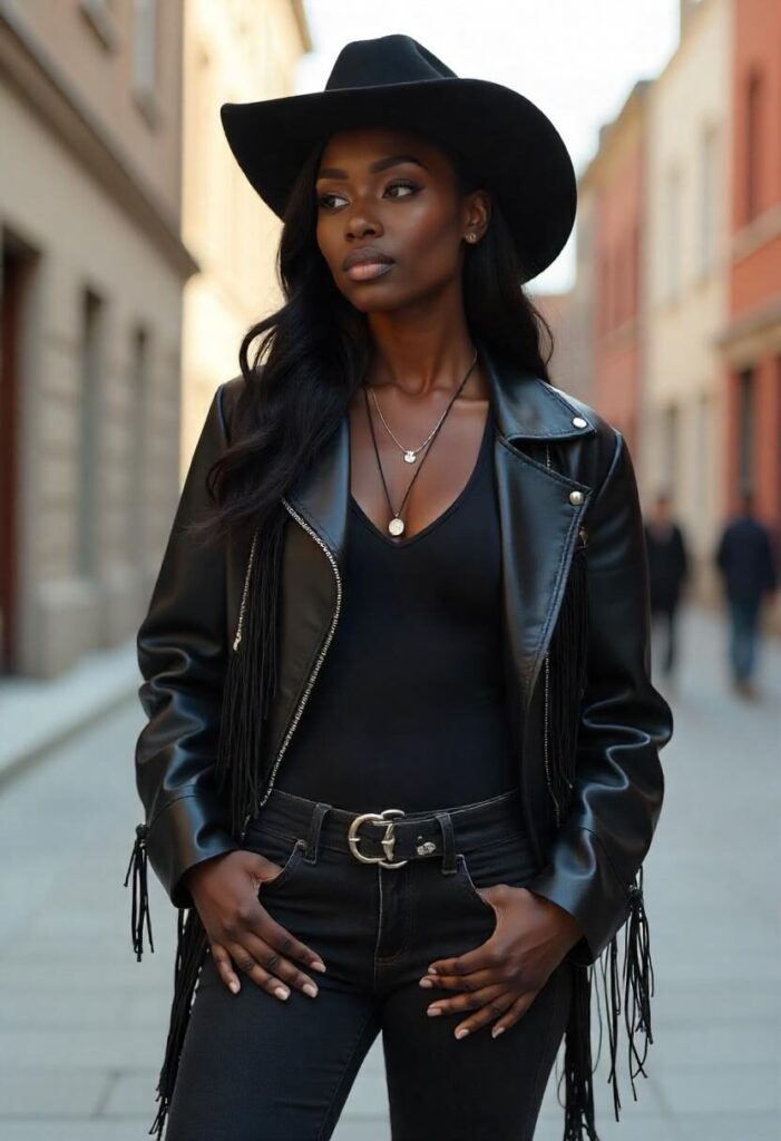 Black woman in full cowboy outfit, sleek and modern Western style.