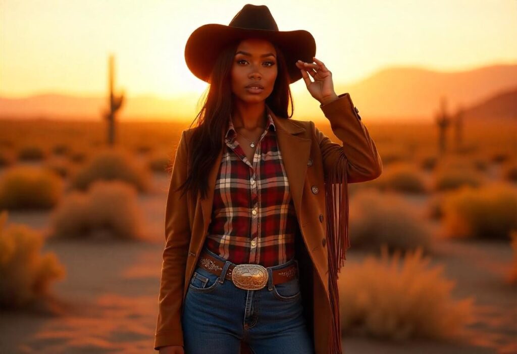 Black woman in full cowboy outfit standing confidently in a desert at sunset, embodying Western chic.