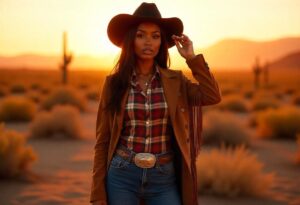 Black woman in full cowboy outfit standing confidently in a desert at sunset, embodying Western chic.