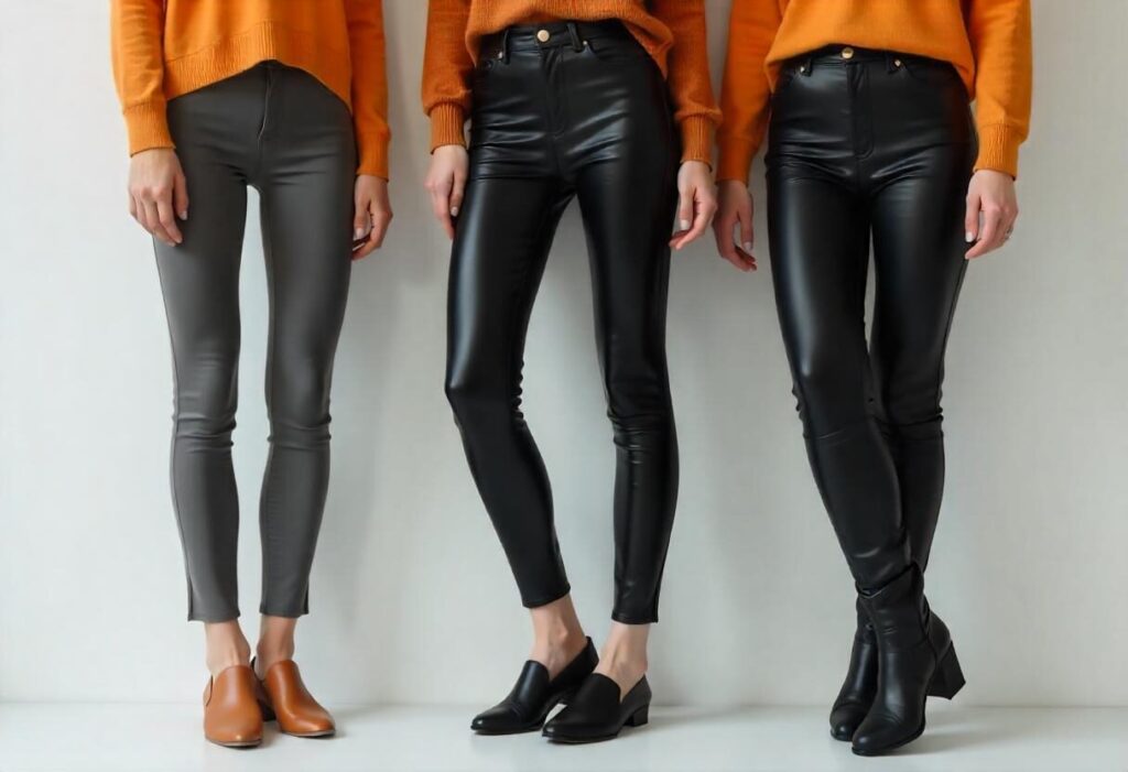Different styles of leather leggings showcasing fit, finish, and material