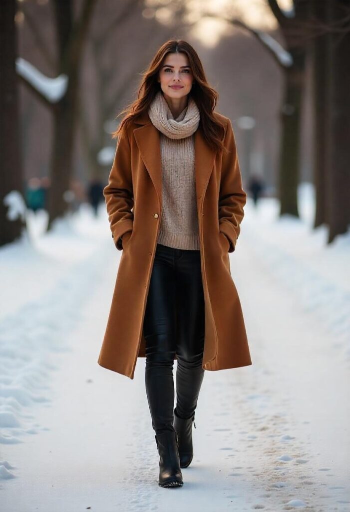 Winter layering with leather leggings, coat, and scarf