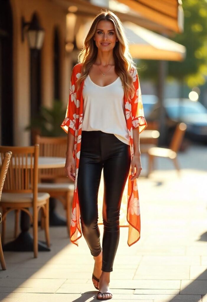 Summer layering with leather leggings and floral kimono