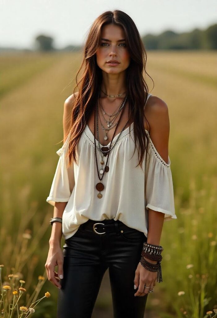 Boho-inspired outfit with leather leggings and tunic.
