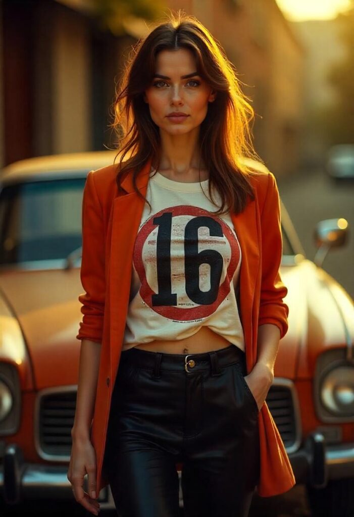 Retro outfit with leather leggings and oversized blazer.