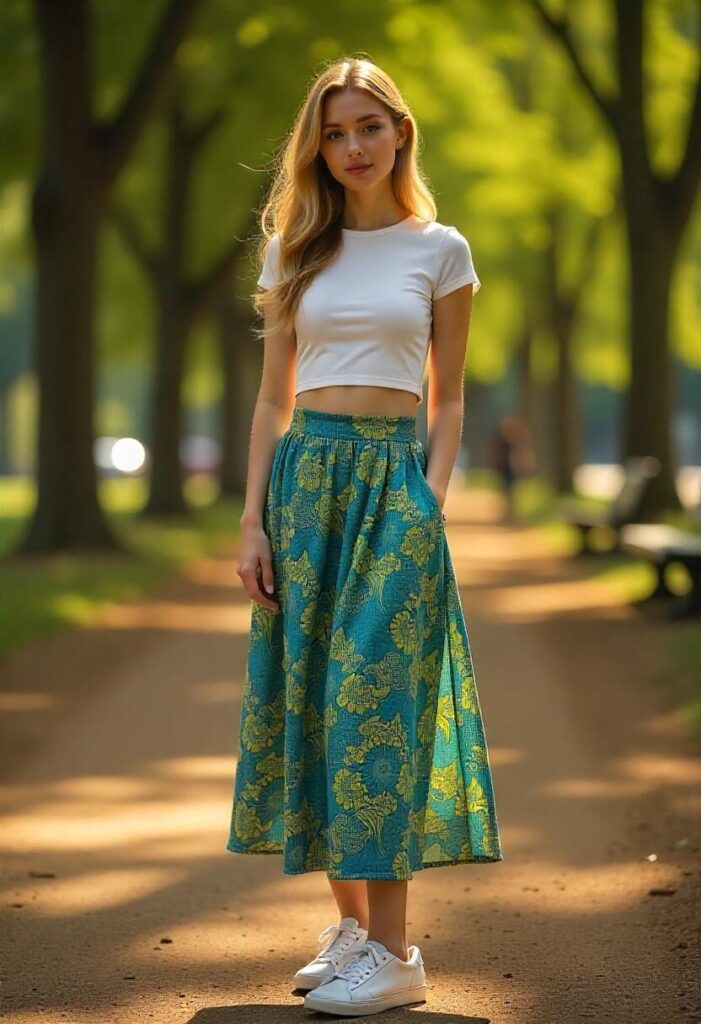 Model in floral patterned midi skirt, cropped tee, and sneakers in a park setting.