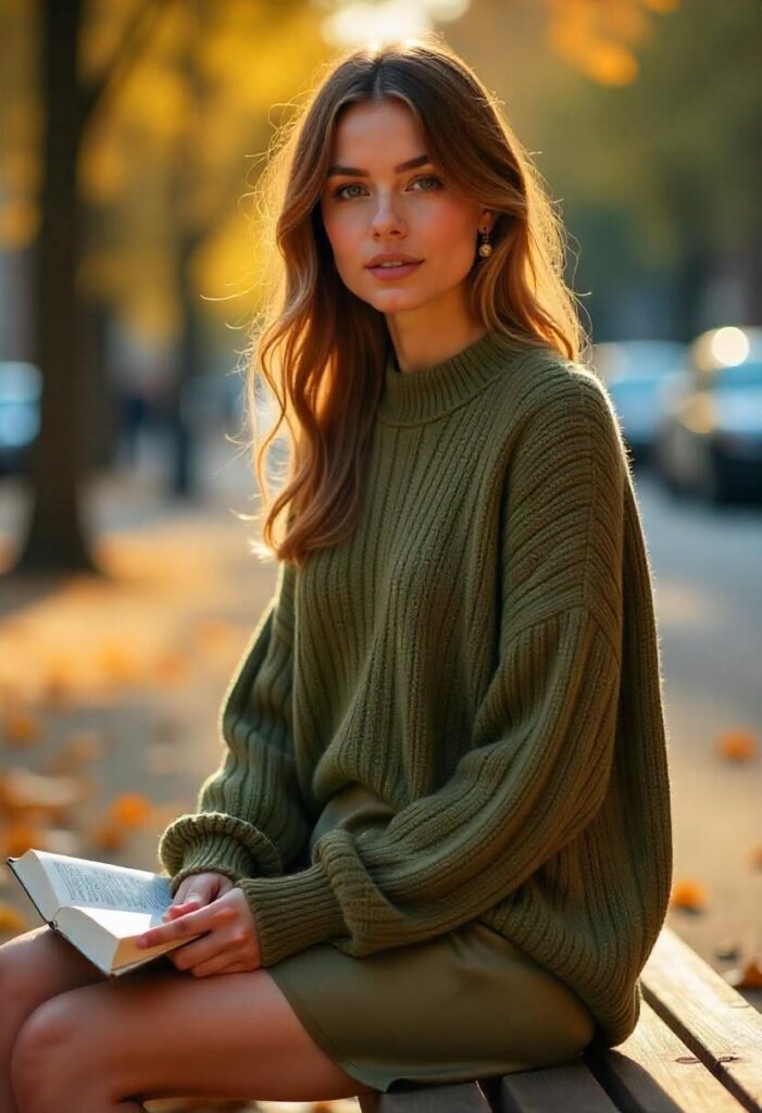 Model in oversized olive green chunky knit sweater, layered over a slip dress with ankle boots.