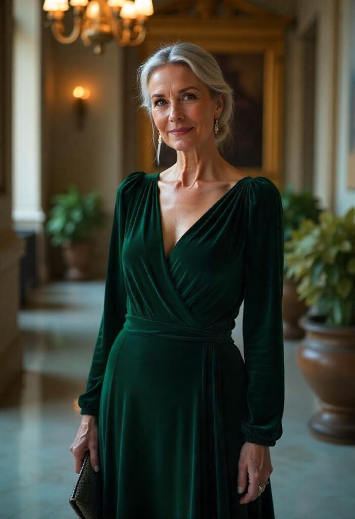 woman in her late 50s wearing a deep emerald velvet dress with a draped neckline, standing in an elegant ballroom
