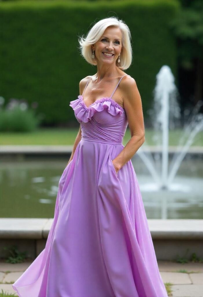 woman in her late 50s in a lavender chiffon dress with cascading ruffles, in a dreamy garden.