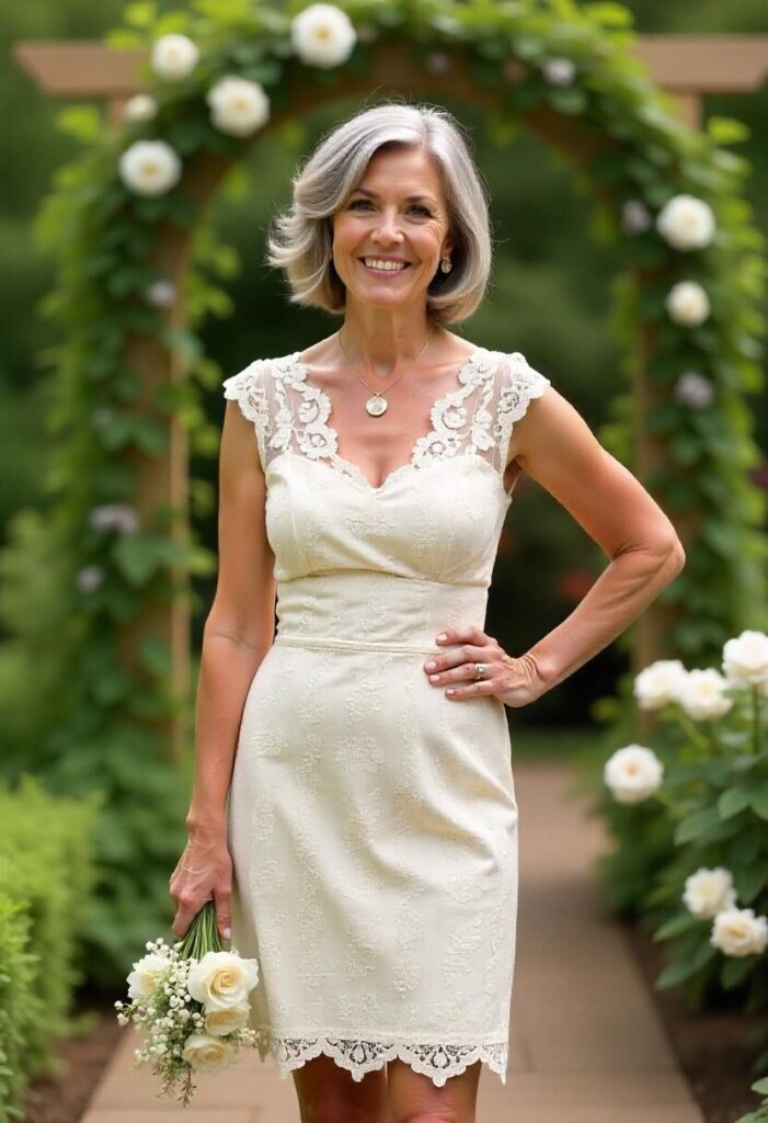 woman in her early 60s in a champagne lace sheath dress with cap sleeves, standing in a blooming garden.