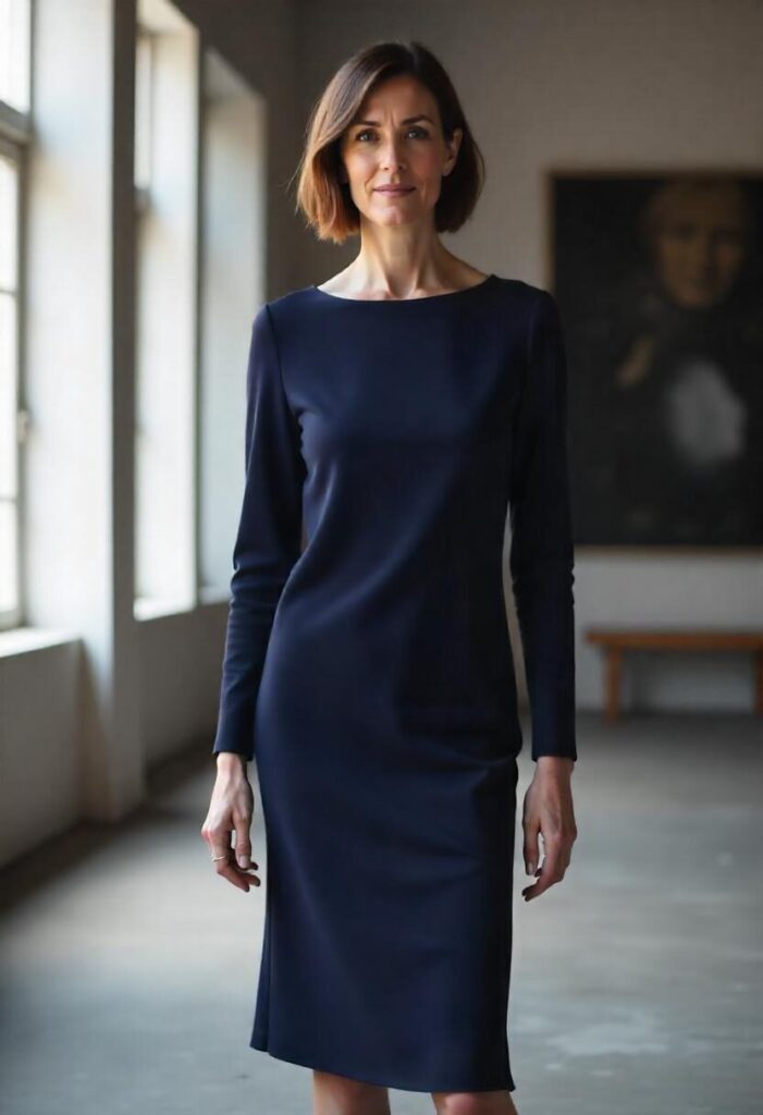 woman in her mid-50s wearing a navy crepe dress with a bateau neckline, in a modern art gallery."