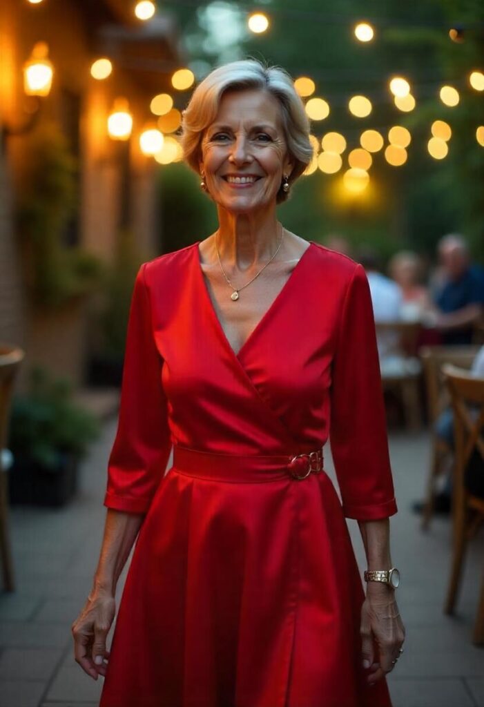 woman in her early 60s wearing a ruby red satin dress with a wrap bodice, at an evening reception.