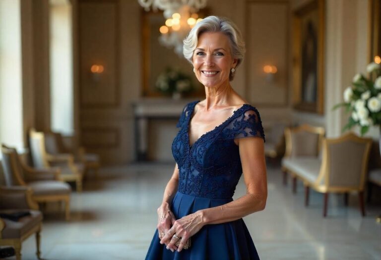 Elegant mother of the bride in a beaded midnight blue gown in a grand ballroom