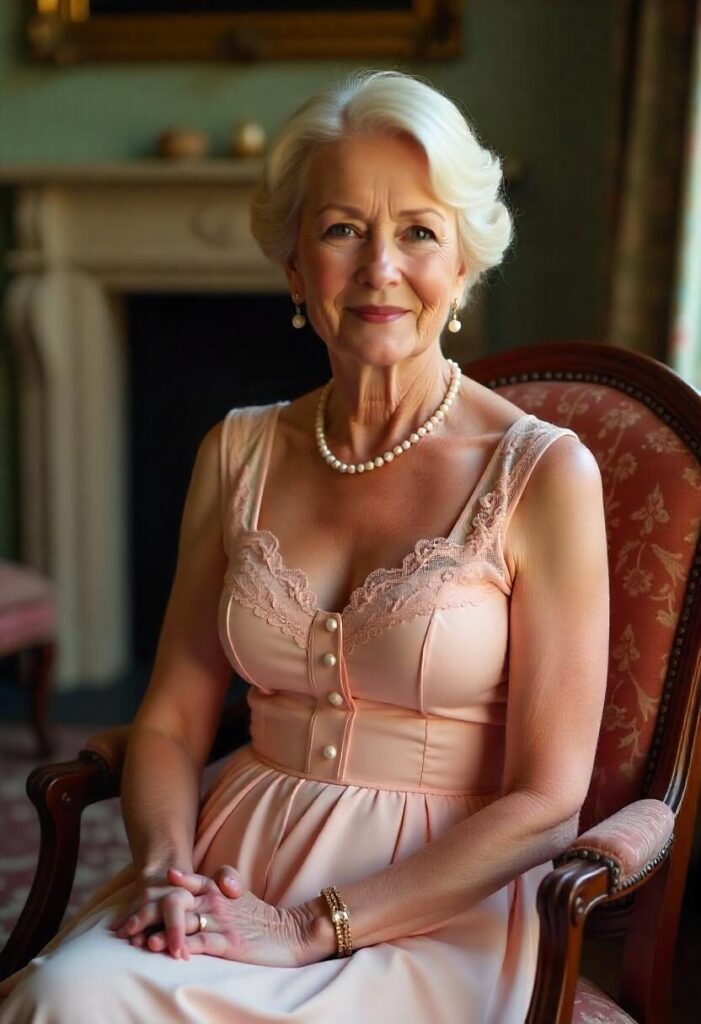 woman in her early 60s in a soft pink tea-length dress with lace overlay, in a historic mansion.