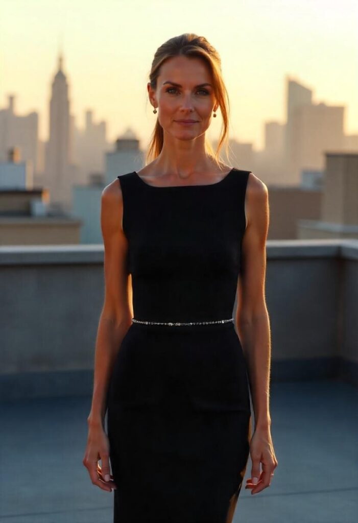 A woman in her mid-50s wearing a black crepe sheath dress with subtle beading, on a city rooftop.