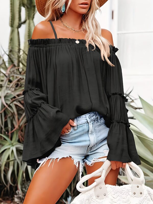 Women'S One Shoulder Elegant And Fashionable Solid Color Off Shoulder Flared Sleeve Shirt For Vacation And Casual Wear - Image 3