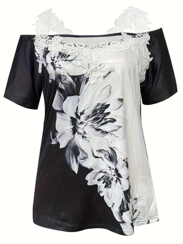 Spring Summer New Floral Print V-neck T-shirt Lace Casual Off-the-shoulder Short-sleeved Top - Image 3