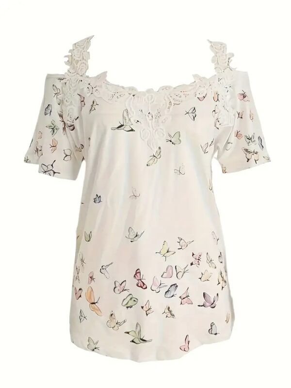 Spring Summer New Butterfly Print V-neck T-shirt Lace Casual Off-the-shoulder Short-sleeved Top - Image 3