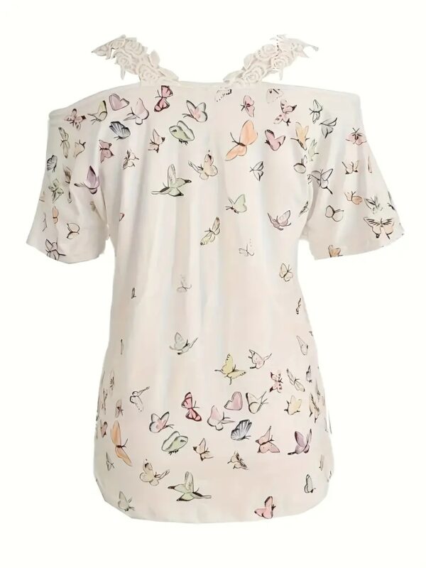 Spring Summer New Butterfly Print V-neck T-shirt Lace Casual Off-the-shoulder Short-sleeved Top - Image 2